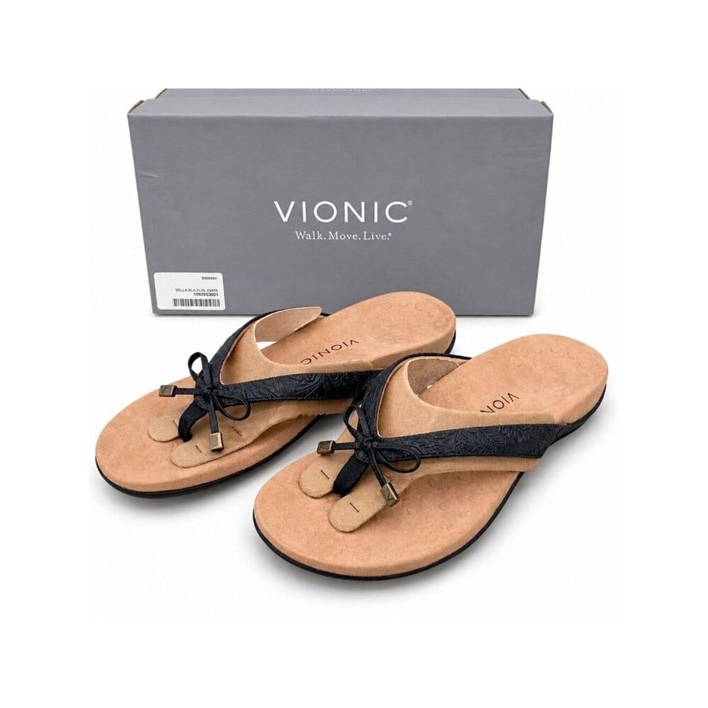 Vionic Bella Orthotic Floral Embossed Leather Toe Post Sandal Black Womens 9.5 N